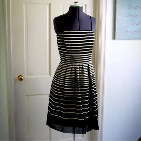 Feminine and Fabulous! Black and Ivory Striped Taylor Dress - Picture 1 of 11